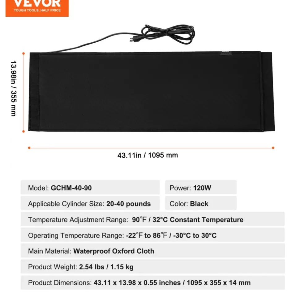 VEVOR Insulated Band Style Gas Cylinder Warmer, Fits 40 lbs Gas Tanks 120W Propane Heater, Fixed Internal Thermostat Max Temp 90 ℉, Durable Waterproof Oxford Fabric, FCC Listed