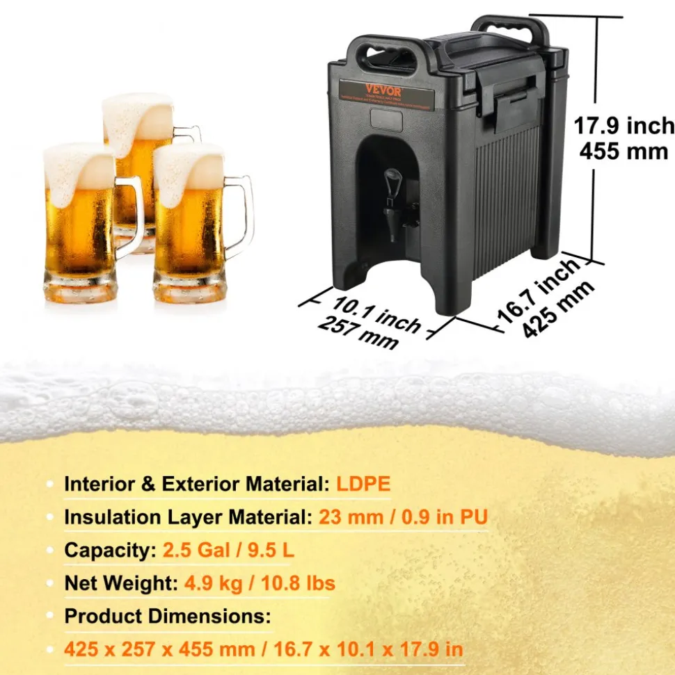 VEVOR Insulated Beverage Dispenser, 2.5 Gallon, Food-grade LDPE Hot and Cold Beverage Server, Thermal Drink Dispenser Cooler with 0.9 in PU Layer Two-Stage Faucet Handle, for Restaurant Drink Shop