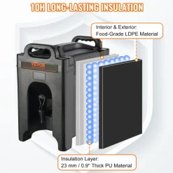 VEVOR Insulated Beverage Dispenser, 2.5 Gallon, Food-grade LDPE Hot and Cold Beverage Server, Thermal Drink Dispenser Cooler with 0.9 in PU Layer Two-Stage Faucet Handle, for Restaurant Drink Shop