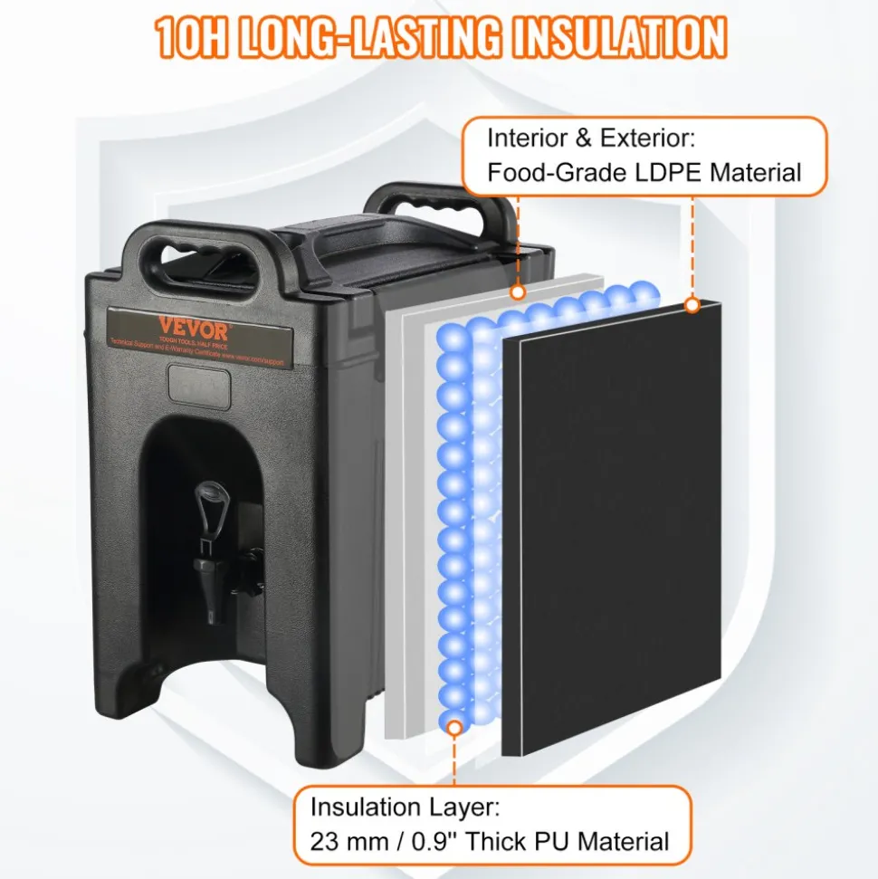 VEVOR Insulated Beverage Dispenser, 2.5 Gallon, Food-grade LDPE Hot and Cold Beverage Server, Thermal Drink Dispenser Cooler with 0.9 in PU Layer Two-Stage Faucet Handle, for Restaurant Drink Shop