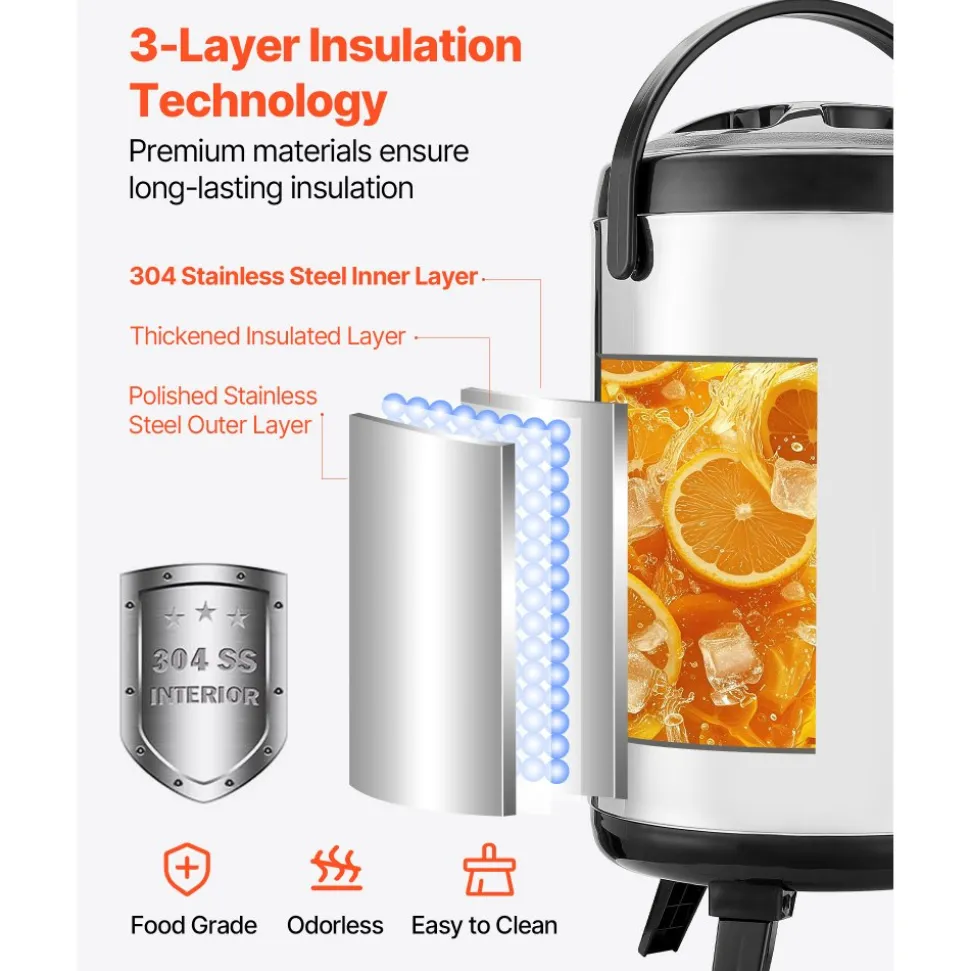 VEVOR Insulated Beverage Dispenser, 2 Gal/7.6L Stainless Steel Thermal Drink Server with Spigot & Temp Display, Suitable for Hot and Cold Drinks, for Tea Coffee Water in Cafes & Restaurants, Silver