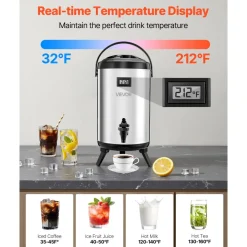 VEVOR Insulated Beverage Dispenser, 2 Gal/7.6L Stainless Steel Thermal Drink Server with Spigot & Temp Display, Suitable for Hot and Cold Drinks, for Tea Coffee Water in Cafes & Restaurants, Silver