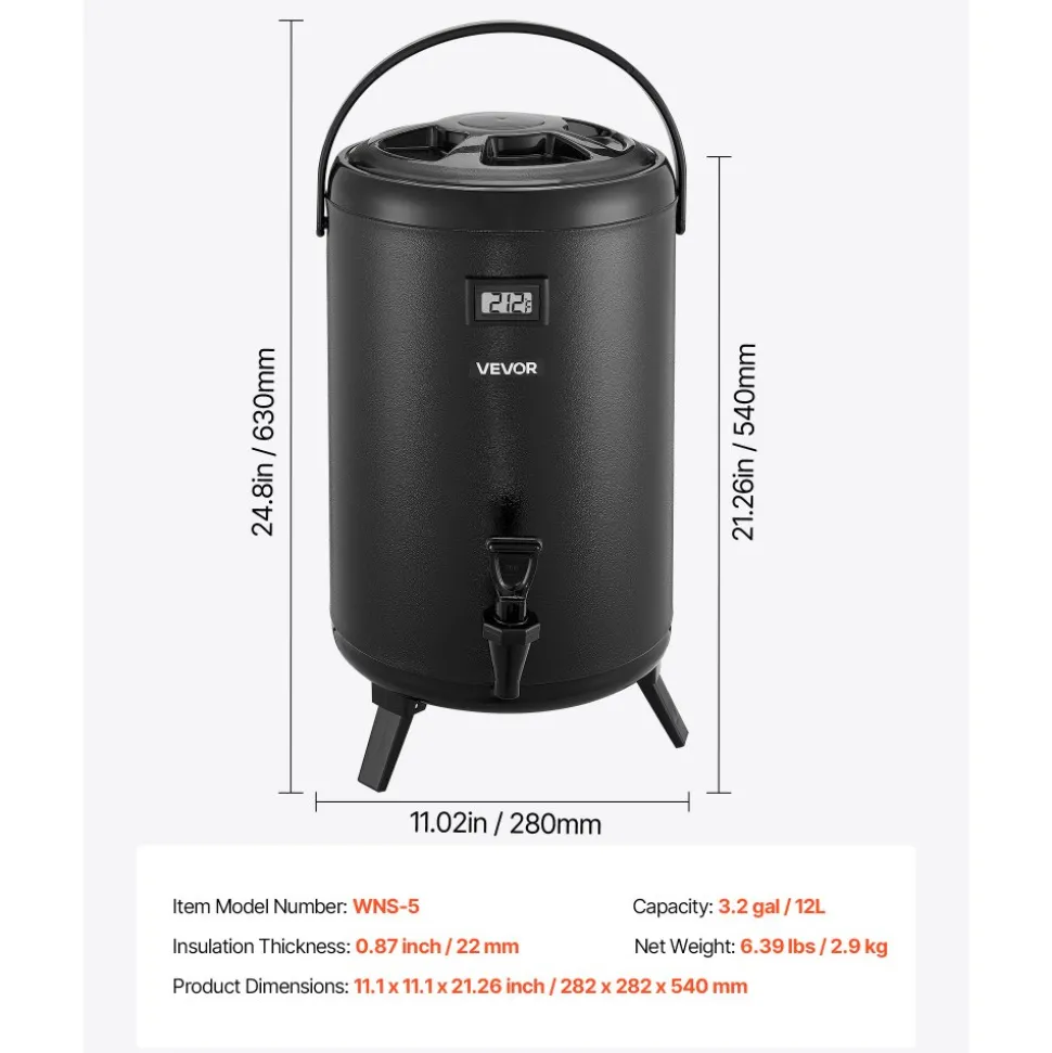 VEVOR Insulated Beverage Dispenser, 5 Gal/19L Hot and Cold Beverage Server with Spigot & Handle, Food-Grade Thermal Drink Dispenser Cooler for Tea Coffee Water in Cafes & Restaurants, Brown