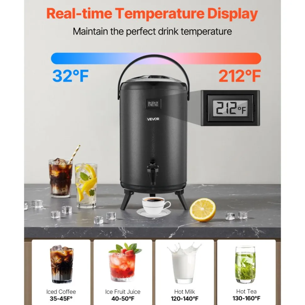 VEVOR Insulated Beverage Dispenser, 5 Gal/19L Hot and Cold Beverage Server with Spigot & Handle, Food-Grade Thermal Drink Dispenser Cooler for Tea Coffee Water in Cafes & Restaurants, Brown