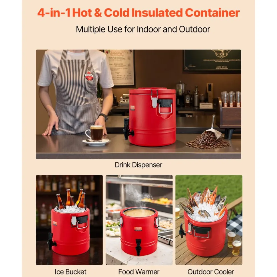 VEVOR Insulated Beverage Dispenser, 3 Gal/11.4L Thermal Hot and Cold Drink Server Dispenser with Spigot, Food-Grade Cooler Jug with 304 Stainless Steel Interior, for Tea Coffee Restaurant Outdoor