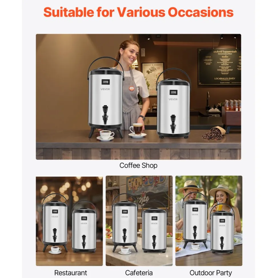 VEVOR Insulated Beverage Dispenser, 3.2 Gal/12L Stainless Steel Thermal Drink Server with Spigot & Temp Display, Suitable for Hot and Cold Drinks, for Tea Coffee Water in Cafes & Restaurants, 2 Pack