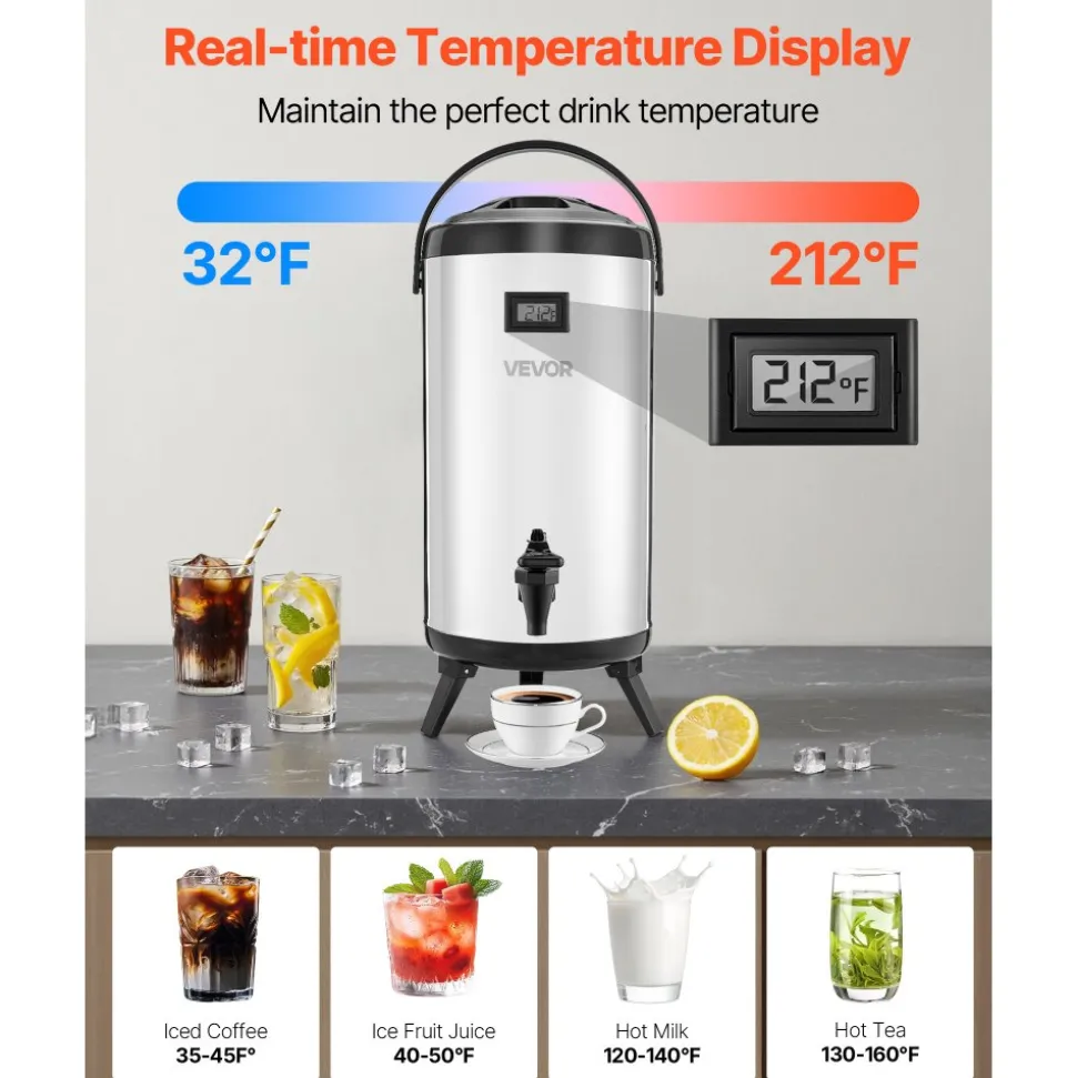 VEVOR Insulated Beverage Dispenser, 1.5 Gal/6L Stainless Steel Thermal Drink Server with Spigot & Temp Display, Suitable for Hot and Cold Drinks, for Tea Coffee Water in Cafes & Restaurants, Silver