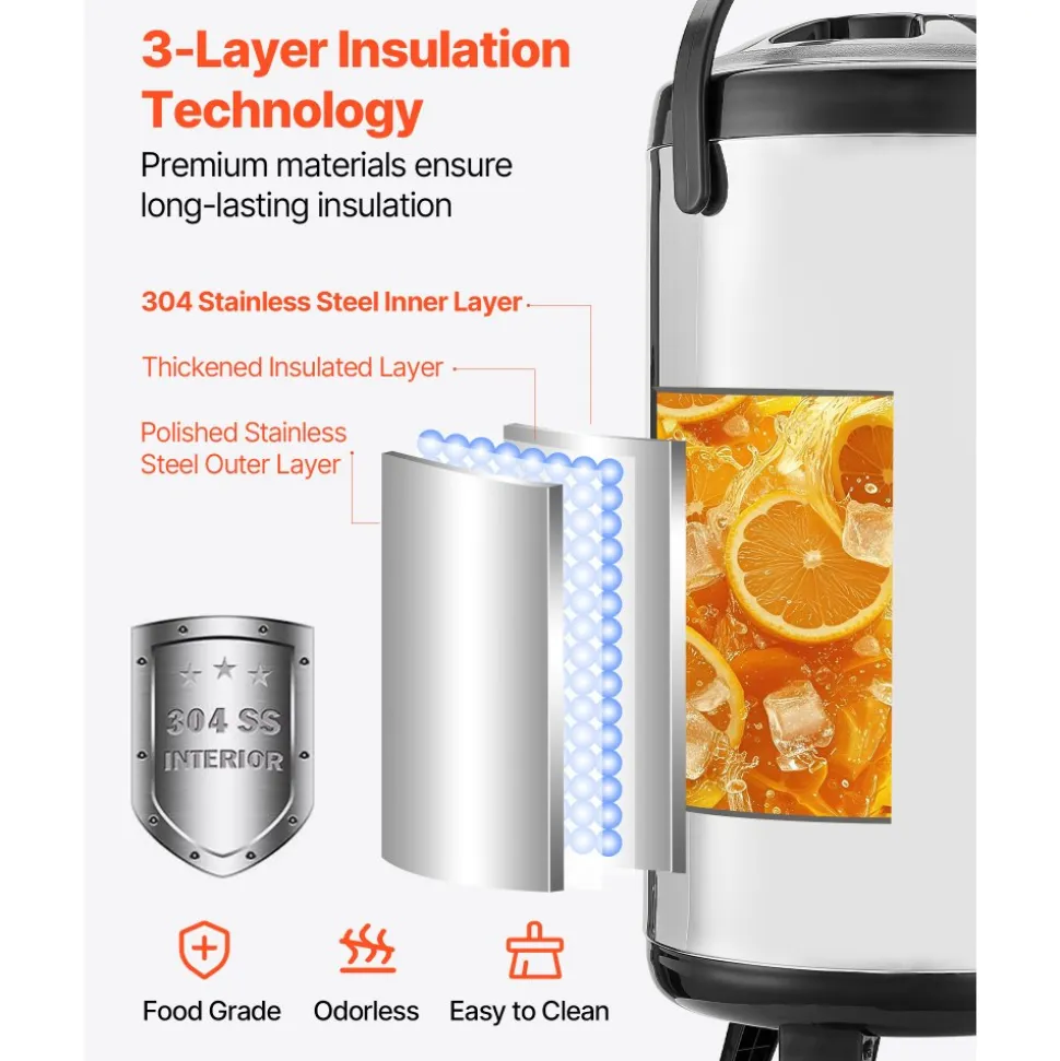 VEVOR Insulated Beverage Dispenser, 1.5 Gal/6L Stainless Steel Thermal Drink Server with Spigot & Temp Display, Suitable for Hot and Cold Drinks, for Tea Coffee Water in Cafes & Restaurants, Silver