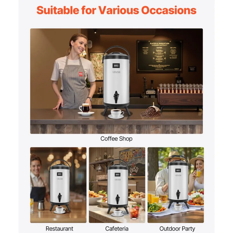 VEVOR Insulated Beverage Dispenser, 1.5 Gal/6L Stainless Steel Thermal Drink Server with Spigot & Temp Display, Suitable for Hot and Cold Drinks, for Tea Coffee Water in Cafes & Restaurants, Silver
