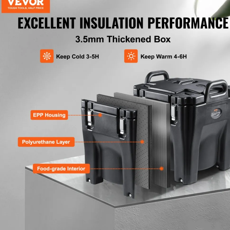 VEVOR Insulated Food Carrier, 32Qt Capacity, Stackable Catering Hot Box with Stainless Steel Barrel, Top Load LLDPE Food Warmer with Integral Handles Buckles Stationary Base, for Restaurant Canteen, B