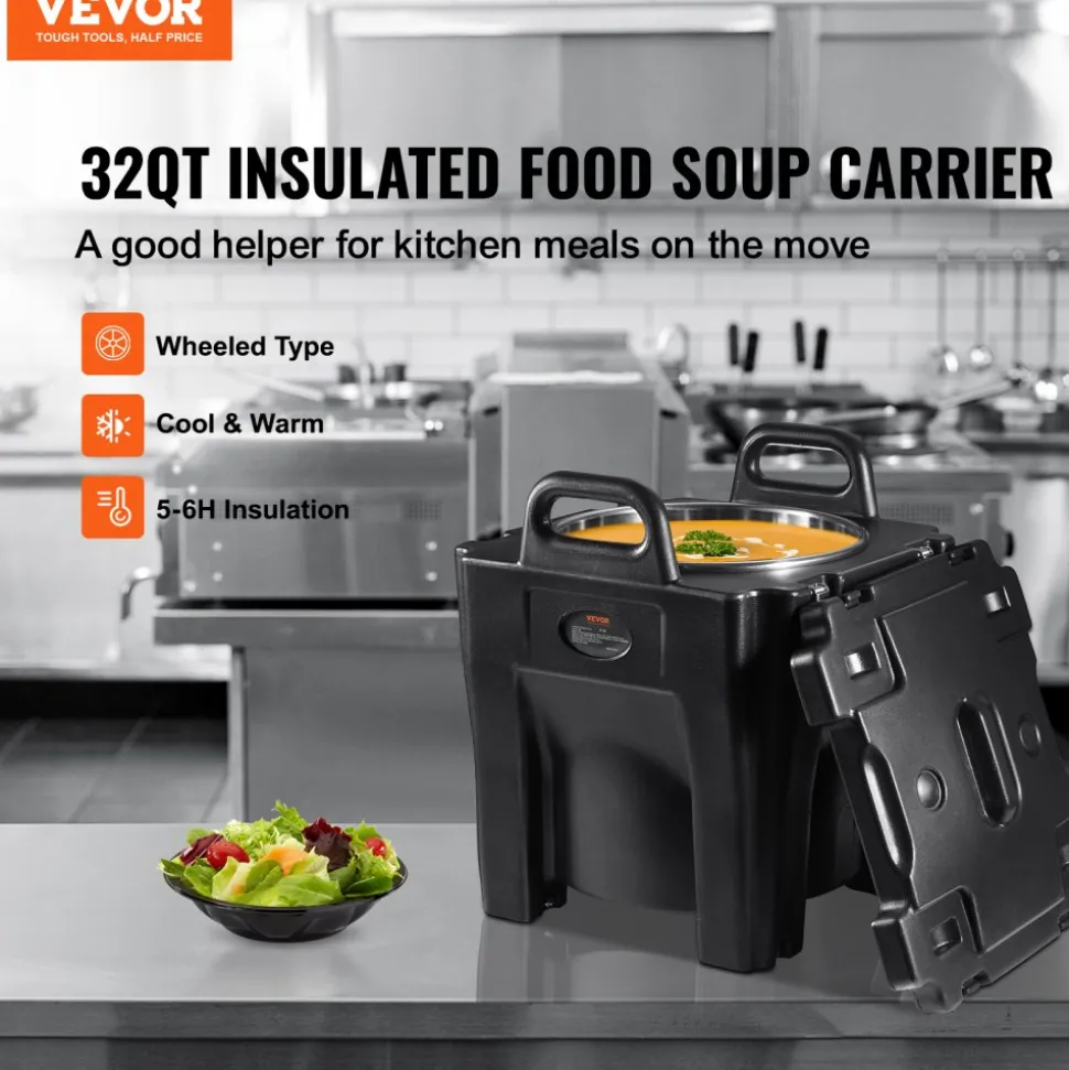 VEVOR Insulated Food Carrier, 32Qt Capacity, Stackable Catering Hot Box with Stainless Steel Barrel, Top Load LLDPE Food Warmer with Integral Handles Buckles Stationary Base, for Restaurant Canteen, B