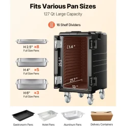 VEVOR Insulated Food Pan Carrier, 109 Qt Hot Box for Catering, LLDPE Food Box Carrier with Double Buckles, Front Loading Food Warmer with Handles, End Loader with Wheels for Restaurant, Canteen, etc.
