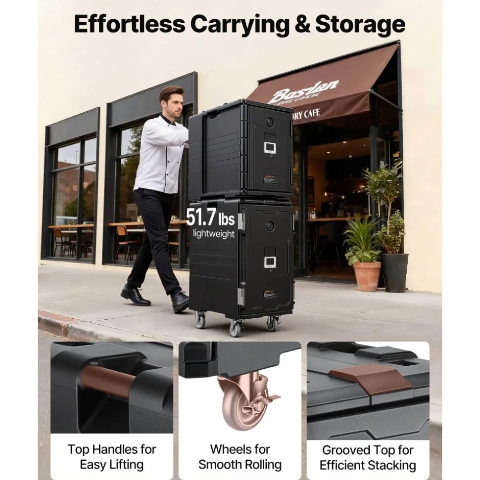 VEVOR Insulated Food Pan Carrier, 109 Qt Hot Box for Catering, LLDPE Food Box Carrier with Double Buckles, Front Loading Food Warmer with Handles, End Loader with Wheels for Restaurant, Canteen, etc.