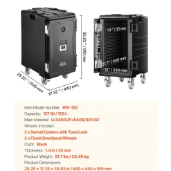 VEVOR Insulated Food Pan Carrier, 109 Qt Hot Box for Catering, LLDPE Food Box Carrier with Double Buckles, Front Loading Food Warmer with Handles, End Loader with Wheels for Restaurant, Canteen, etc.