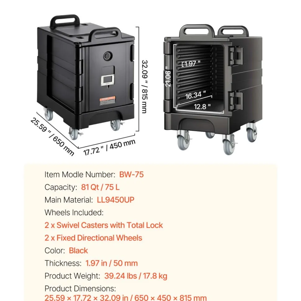 VEVOR Insulated Food Pan Carrier, 81 Qt Hot Box for Catering, Food Box Carrier with Double Buckles, Front Loading Food Warmer with Handles, Stackable End Loader with Wheels for Restaurant, Canteen