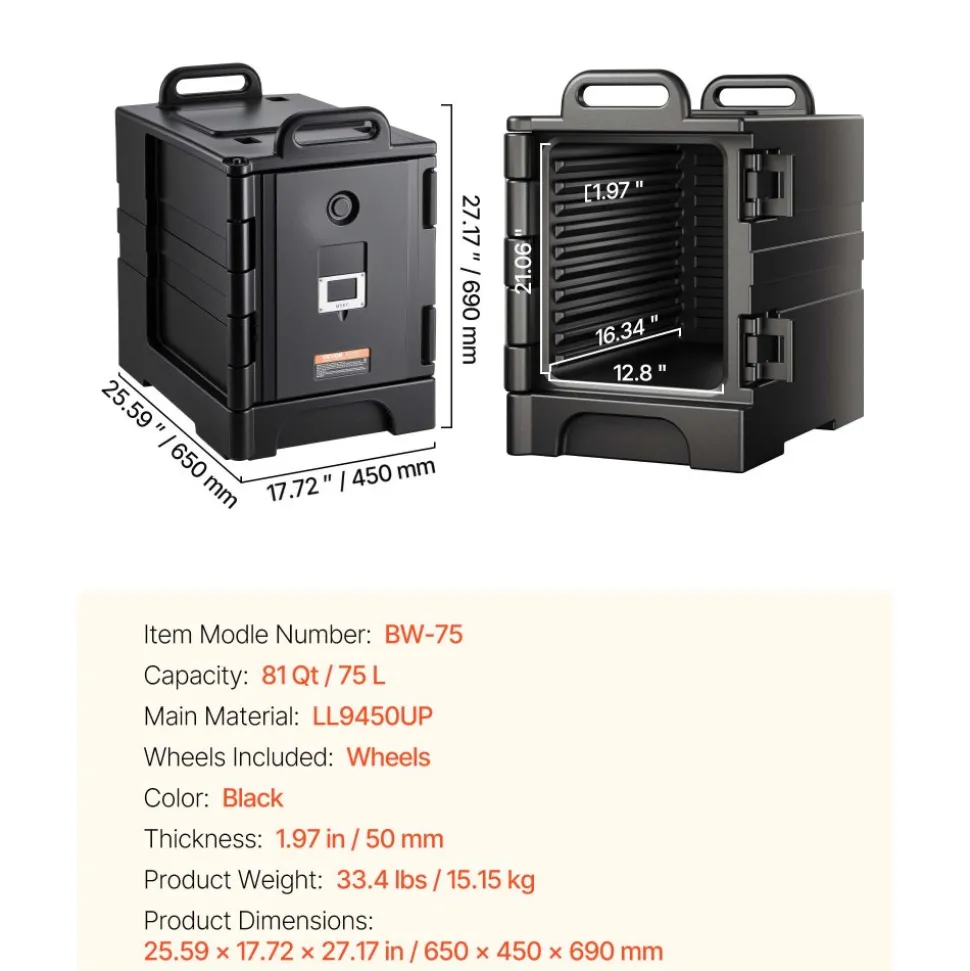 VEVOR Insulated Food Pan Carrier, 81 Qt Hot Box for Catering, Food Box Carrier with Double Buckles, Front Loading Food Warmer with Handles, Stackable End Loader for Restaurant, Canteen