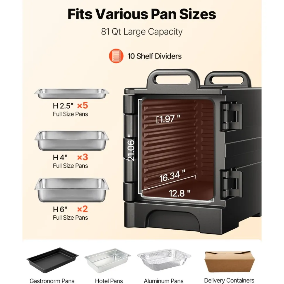 VEVOR Insulated Food Pan Carrier, 81 Qt Hot Box for Catering, Food Box Carrier with Double Buckles, Front Loading Food Warmer with Handles, Stackable End Loader for Restaurant, Canteen