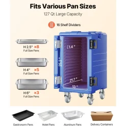 VEVOR Insulated Food Pan Carrier, 127 Qt Hot Box for Catering, Food Box Carrier with Double Buckles, Front Loading Food Warmer with Handles, End Loader with Wheels for Restaurant, Canteen
