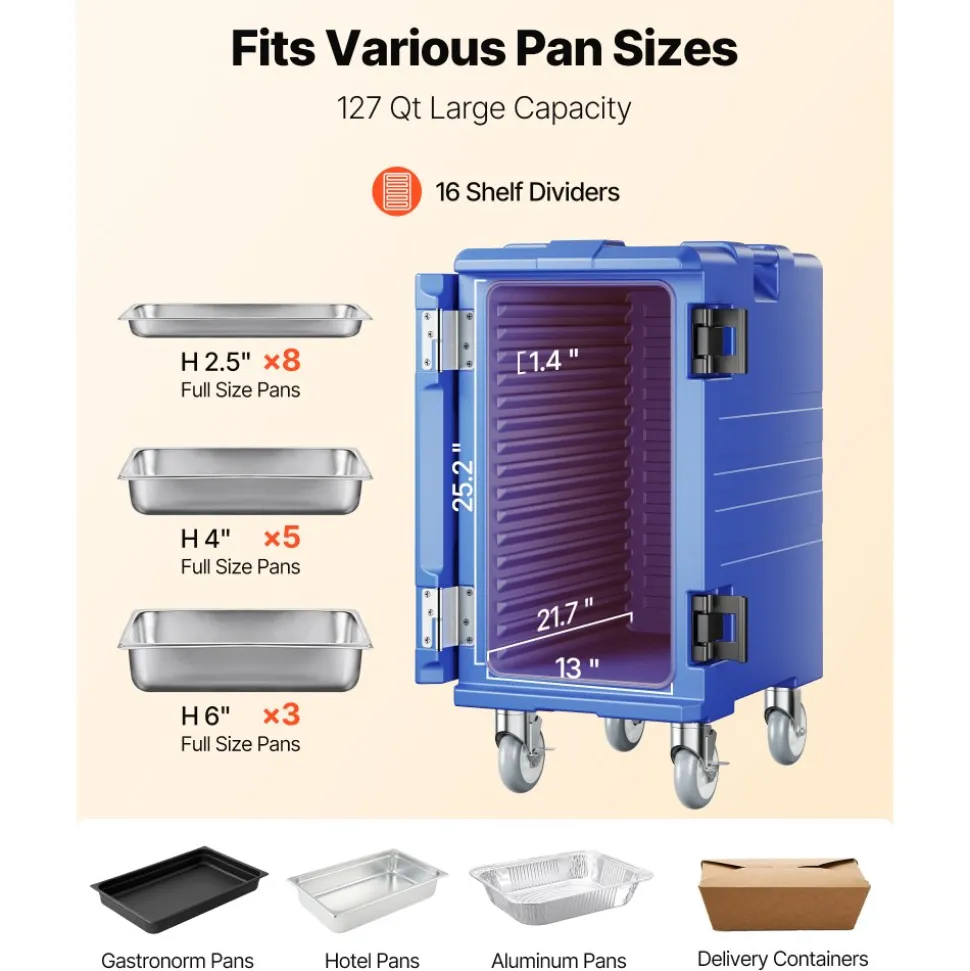 VEVOR Insulated Food Pan Carrier, 127 Qt Hot Box for Catering, Food Box Carrier with Double Buckles, Front Loading Food Warmer with Handles, End Loader with Wheels for Restaurant, Canteen