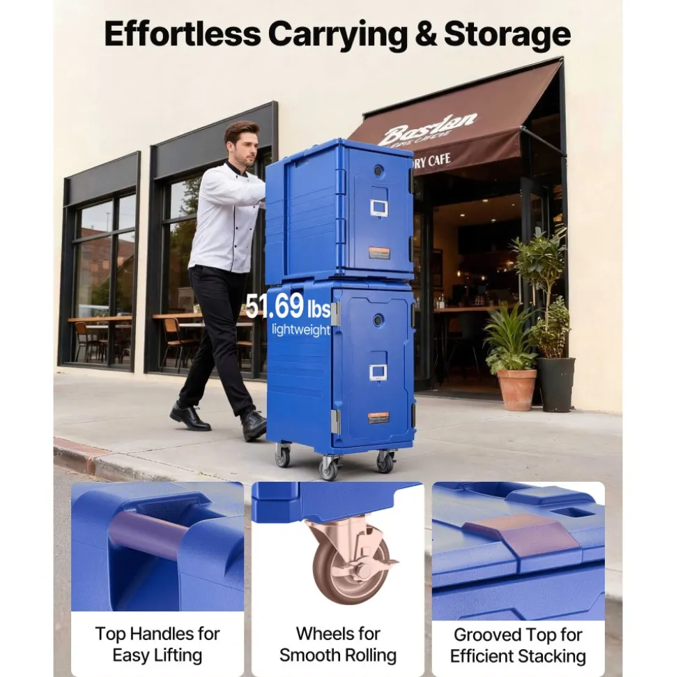 VEVOR Insulated Food Pan Carrier, 127 Qt Hot Box for Catering, Food Box Carrier with Double Buckles, Front Loading Food Warmer with Handles, End Loader with Wheels for Restaurant, Canteen