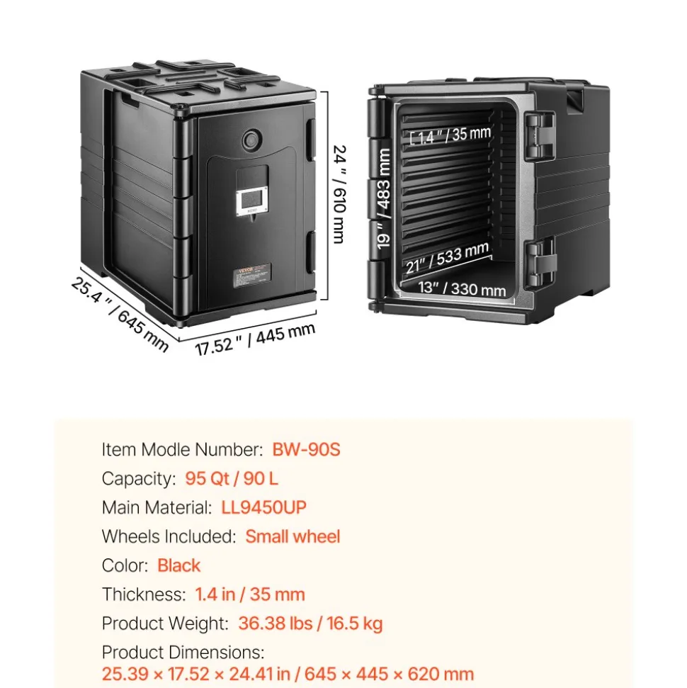 VEVOR Insulated Food Pan Carrier, 82 Qt Hot Box for Catering, LLDPE Food Box Carrier with Double Buckles, Front Loading Food Warmer with Handles, Stackable End Loader for Restaurant, Canteen, etc. Bla