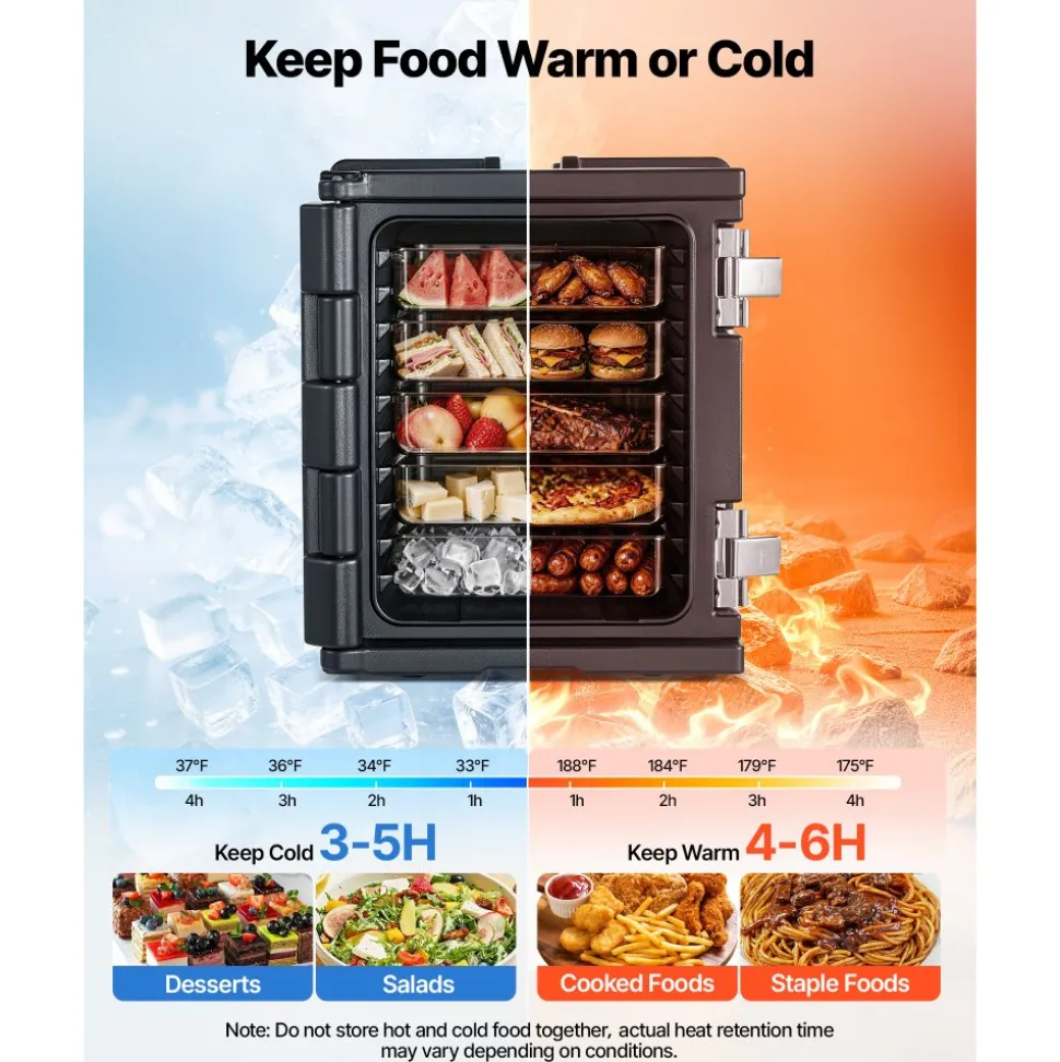 VEVOR Insulated Food Pan Carrier, 82 Qt Non-Electrical Food Warmer, with Wheel & 304 Stainless Steel Latch, LLDPE Stackable Hot Box, for Various Pan Sizes(NOT Included), Fit Catering BBQ Event(Black)