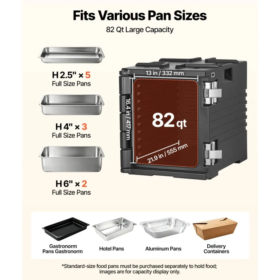 VEVOR Insulated Food Pan Carrier, 82 Qt Non-Electrical Food Warmer, with Wheel & 304 Stainless Steel Latch, LLDPE Stackable Hot Box, for Various Pan Sizes(NOT Included), Fit Catering BBQ Event(Black)