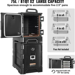 VEVOR Insulated Food Pan Carrier, 81 Qt x 2 Pack Hot Box for Catering, Food Box Carrier with Double Buckles, Front Loading Food Warmer with Handles, Stackable End Loader for Restaurant, Canteen