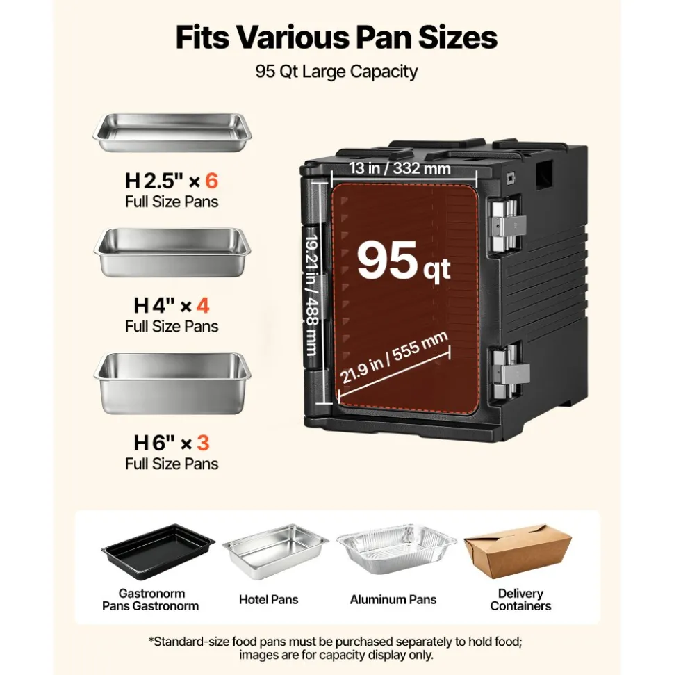 VEVOR Insulated Food Pan Carrier, 95 Qt Non-Electrical Food Warmer, with Wheel & 304 Stainless Steel Latch, LLDPE Stackable Hot Box, for Various Pan Sizes(NOT Included), Fit Catering BBQ Event(Black)
