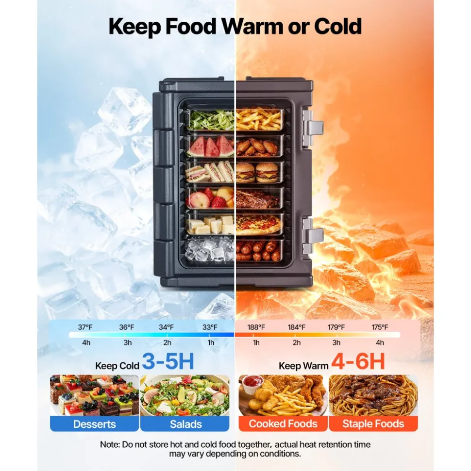 VEVOR Insulated Food Pan Carrier, 95 Qt Non-Electrical Food Warmer, with Wheel & 304 Stainless Steel Latch, LLDPE Stackable Hot Box, for Various Pan Sizes(NOT Included), Fit Catering BBQ Event(Black)