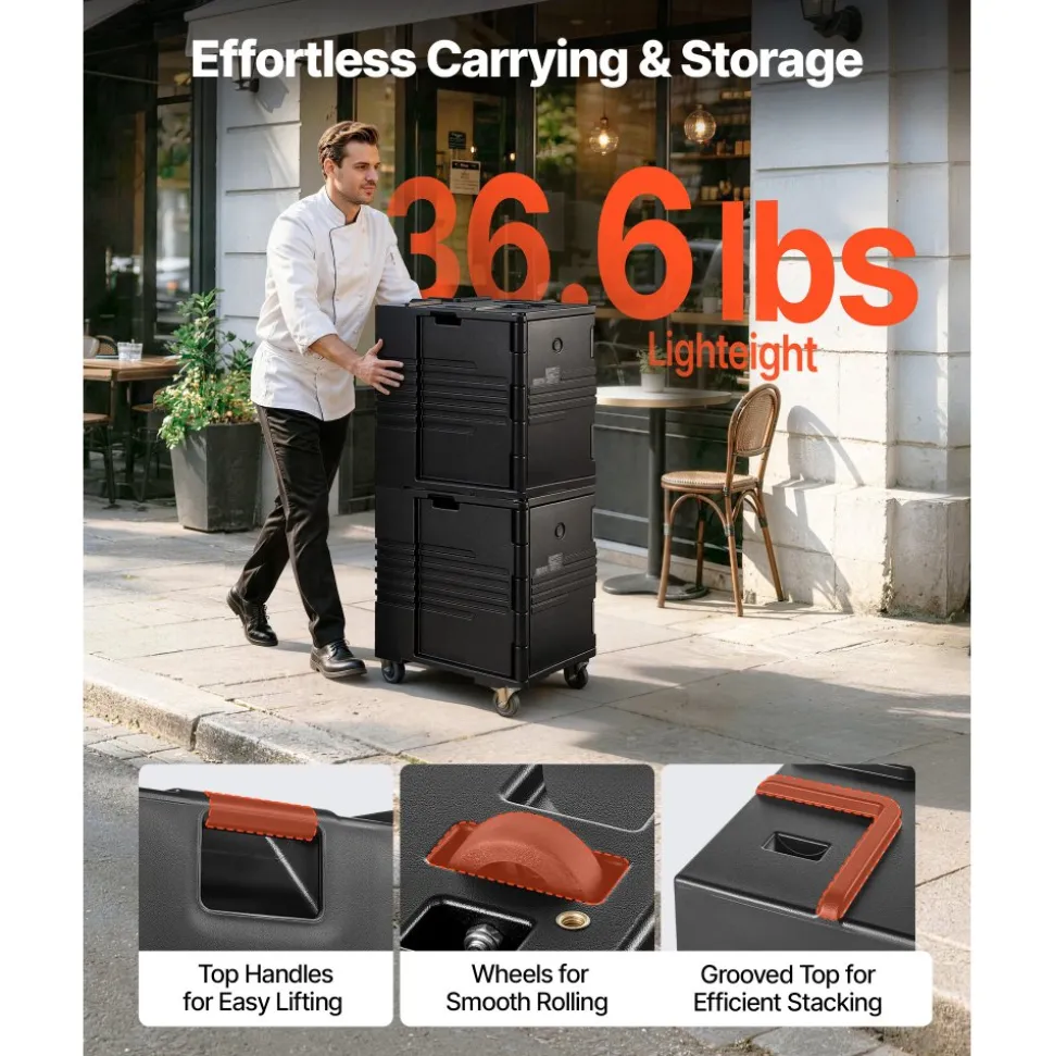 VEVOR Insulated Food Pan Carrier, 95 Qt Non-Electrical Food Warmer, with Wheel & 304 Stainless Steel Latch, LLDPE Stackable Hot Box, for Various Pan Sizes(NOT Included), Fit Catering BBQ Event(Black)
