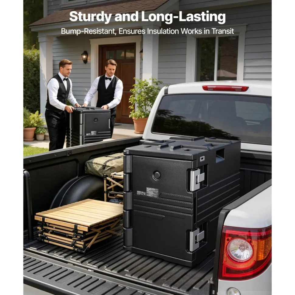 VEVOR Insulated Food Pan Carrier, 95 Qt Non-Electrical Food Warmer, with Wheel & 304 Stainless Steel Latch, LLDPE Stackable Hot Box, for Various Pan Sizes(NOT Included), Fit Catering BBQ Event(Black)