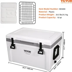 VEVOR Insulated Portable Cooler, 52 qt, Holds 50 Cans, Ice Retention Hard Cooler with Heavy Duty Handle, Ice Chest Lunch Box for Camping, Beach, Picnic, Travel, Outdoor, Keeps Ice for up to 6 Days