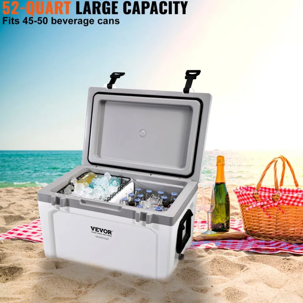 VEVOR Insulated Portable Cooler, 52 qt, Holds 50 Cans, Ice Retention Hard Cooler with Heavy Duty Handle, Ice Chest Lunch Box for Camping, Beach, Picnic, Travel, Outdoor, Keeps Ice for up to 6 Days