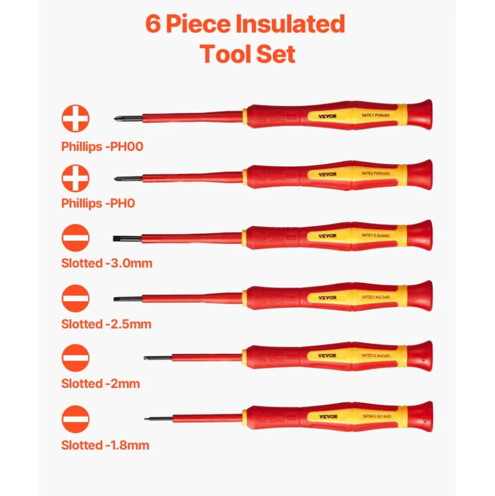 VEVOR Insulated Screwdriver Set, 6-Piece Professional Electrical Screwdriver Set, 1000V Insulated Electrician Tool Set, with Magnetic Phillips Slotted Tips, 360-Degree Rotating Screwdriver and Bag