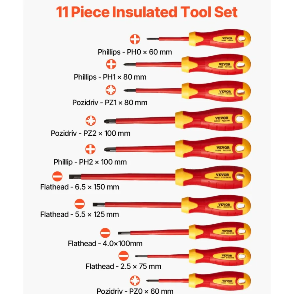 VEVOR Insulated Screwdriver Set, 11-Piece Professional Electrical Screwdriver Set, 1000V Insulated Electrician Tool Set, with Magnetic Phillips Slotted Pozi Tips, Voltage Tester, for Electricians