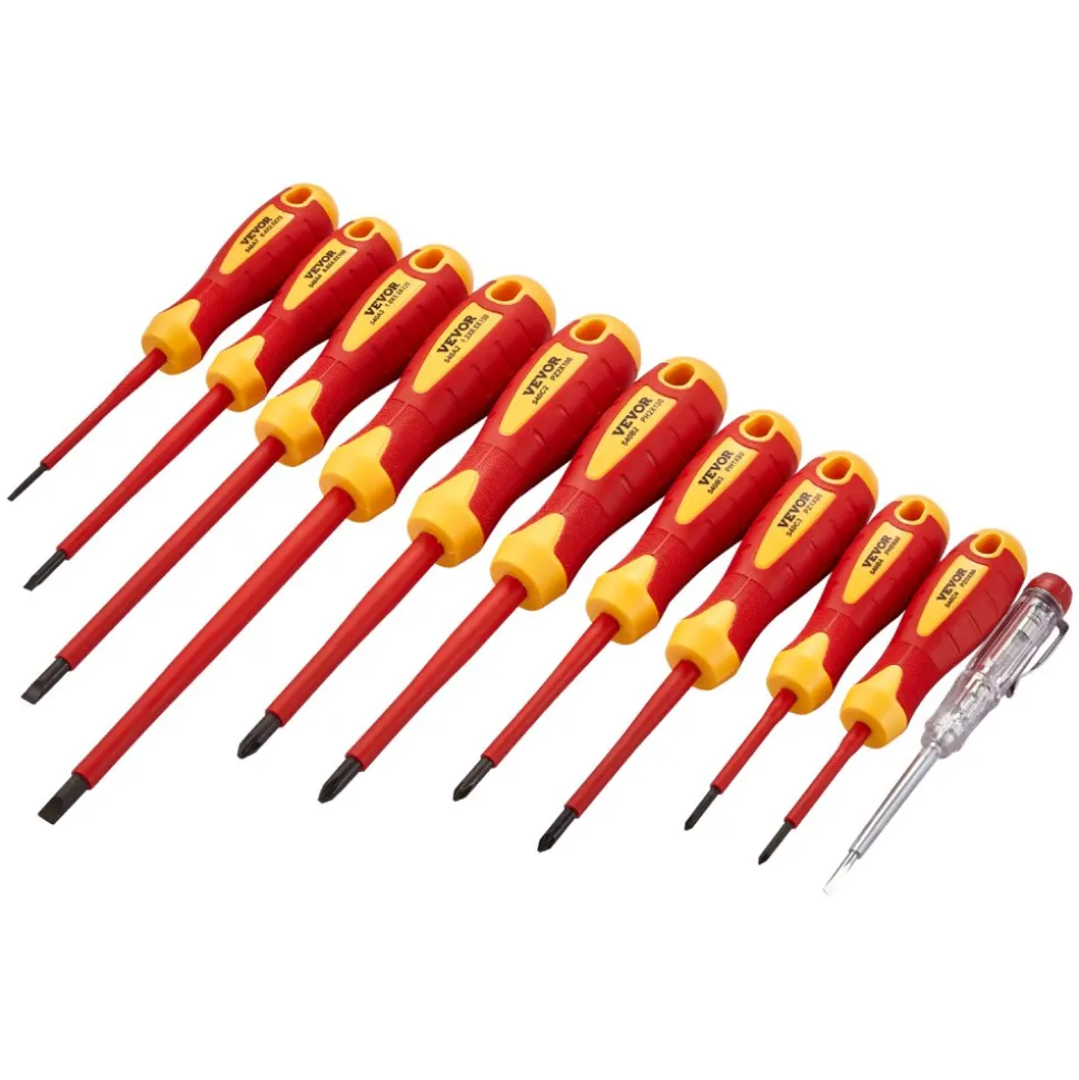 VEVOR Insulated Screwdriver Set, 11-Piece Professional Electrical Screwdriver Set, 1000V Insulated Electrician Tool Set, with Magnetic Phillips Slotted Pozi Tips, Voltage Tester, for Electricians