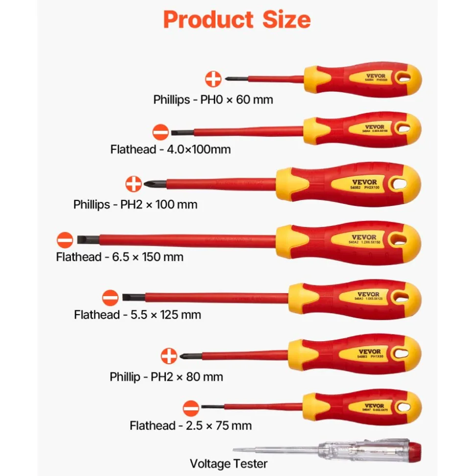 VEVOR Insulated Screwdriver Set, 12-Piece Professional Electrical Screwdriver Set, 1000V Insulated Electrician Tool Set, with Magnetic Phillips Slotted Tips, Insulated Pliers, and Diagonal Pliers
