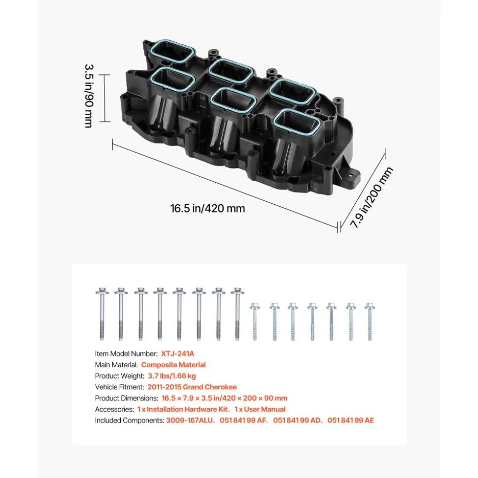 VEVOR Intake Manifold, with Gasket, Engine Intake Manifold Assembly Compatible with 2011-2015 Grand Cherokee, Manifold Replacement Replace 3009-167ALU, 051 841 99 AF, 051 841 99 AD, 051 841 99 AE