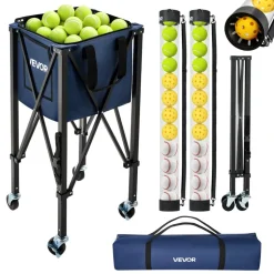 VEVOR 2-in-1 Tennis & Pickleball Hopper, with Pickup Tube, Foldable Pickleball Basket Cart with with Wheels, Holds 150 Tennis Balls or 260 Pickleballs, Portable Pickleball Caddy Holder, for Training