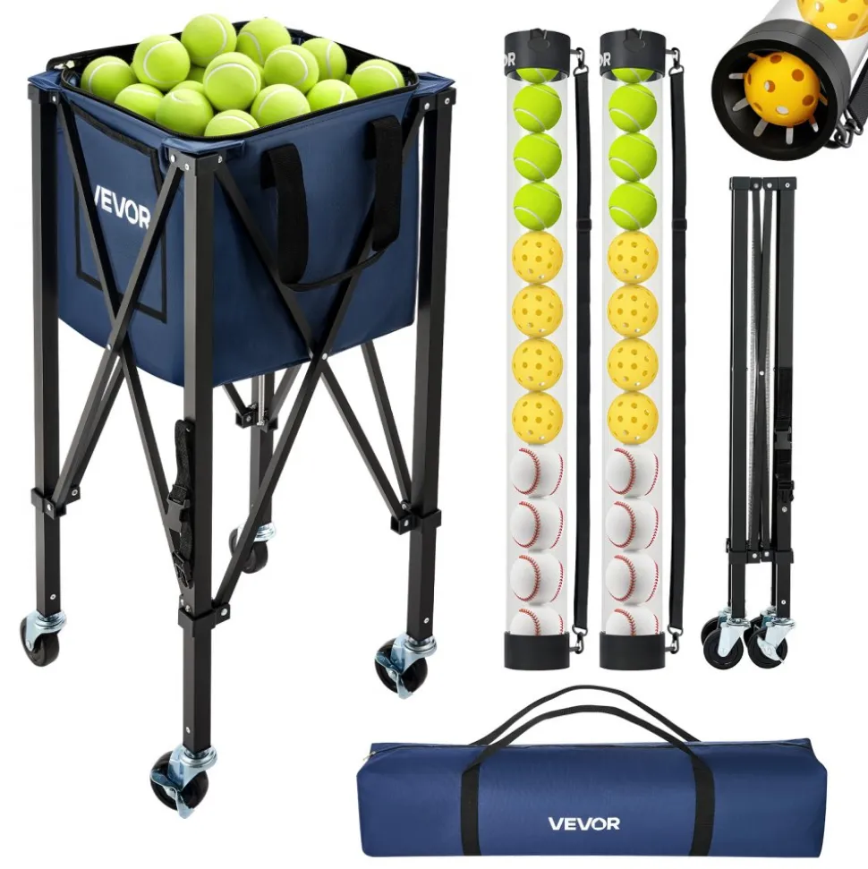 VEVOR 2-in-1 Tennis & Pickleball Hopper, with Pickup Tube, Foldable Pickleball Basket Cart with with Wheels, Holds 150 Tennis Balls or 260 Pickleballs, Portable Pickleball Caddy Holder, for Training