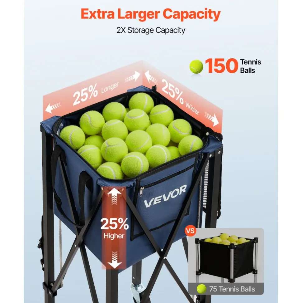 VEVOR 2-in-1 Tennis & Pickleball Hopper, with Pickup Tube, Foldable Pickleball Basket Cart with with Wheels, Holds 150 Tennis Balls or 260 Pickleballs, Portable Pickleball Caddy Holder, for Training