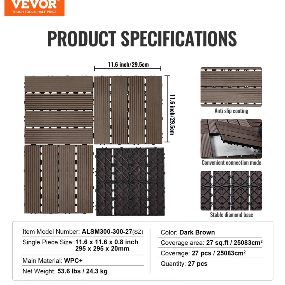 VEVOR Interlocking Deck Tiles Plastic Wood, 27 Pack,12"x12" 27 sq. ft Waterproof Outdoor Flooring All Weather Use, Patio Floor Decking Covering Tiles for Porch Poolside Balcony Backyard, Dark Brown