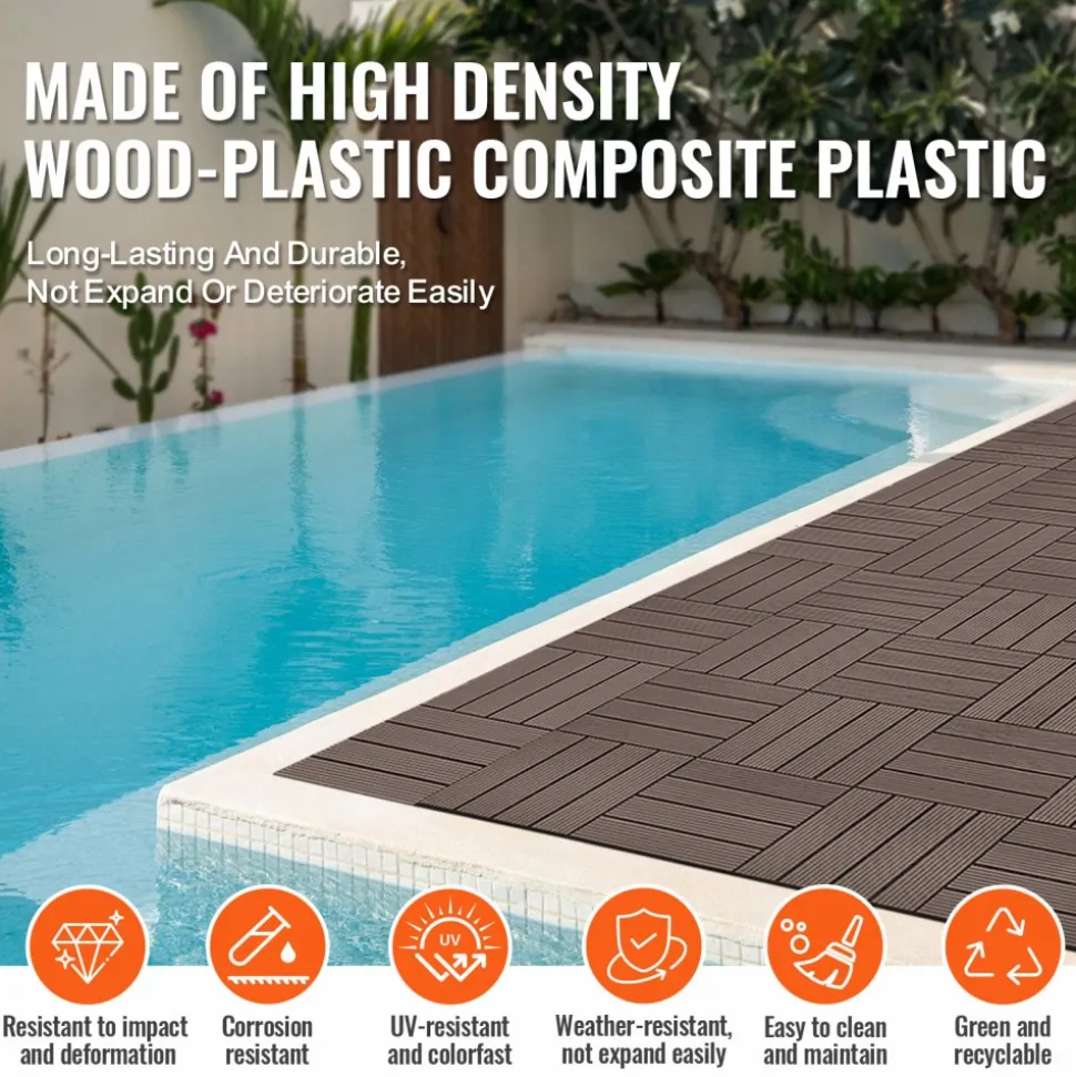 VEVOR Interlocking Deck Tiles Plastic Wood, 27 Pack,12"x12" 27 sq. ft Waterproof Outdoor Flooring All Weather Use, Patio Floor Decking Covering Tiles for Porch Poolside Balcony Backyard, Dark Brown