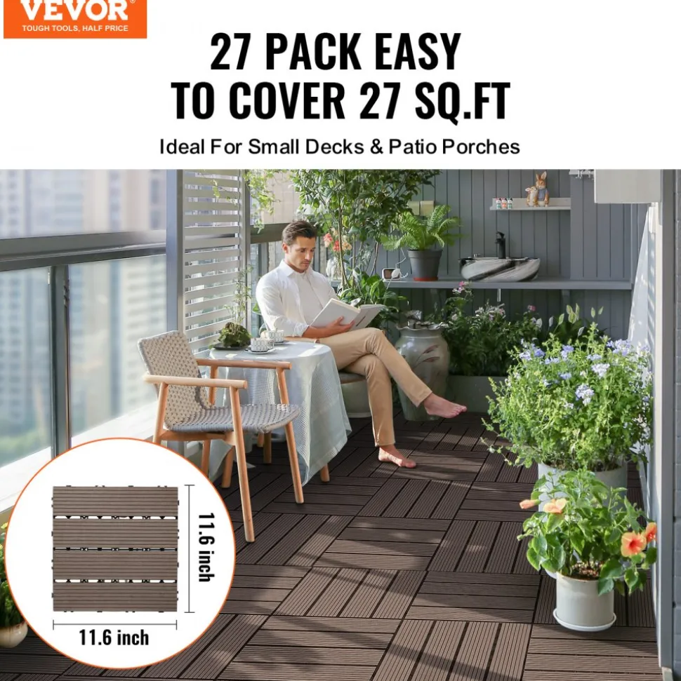 VEVOR Interlocking Deck Tiles Plastic Wood, 27 Pack,12"x12" 27 sq. ft Waterproof Outdoor Flooring All Weather Use, Patio Floor Decking Covering Tiles for Porch Poolside Balcony Backyard, Dark Brown