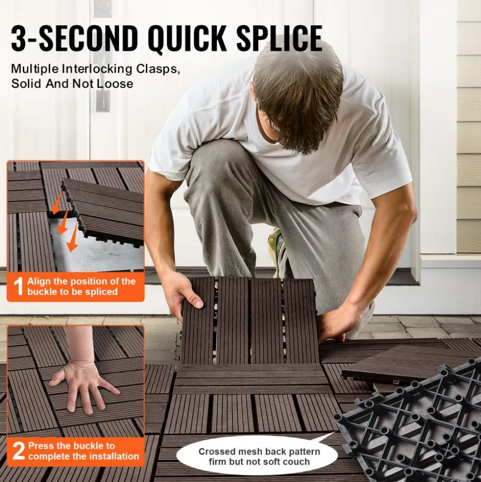 VEVOR Interlocking Deck Tiles Plastic Wood, 27 Pack,12"x12" 27 sq. ft Waterproof Outdoor Flooring All Weather Use, Patio Floor Decking Covering Tiles for Porch Poolside Balcony Backyard, Dark Brown