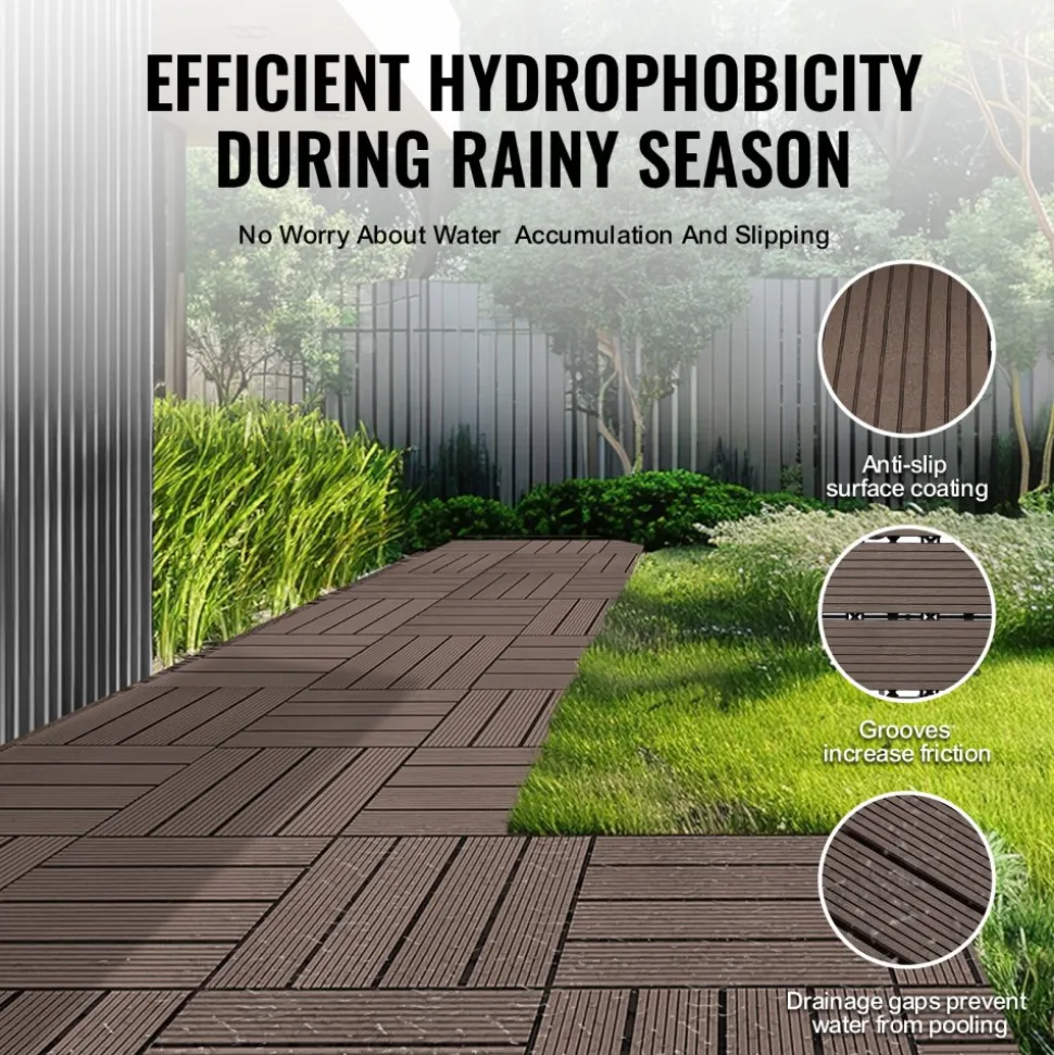 VEVOR Interlocking Deck Tiles Plastic Wood, 27 Pack,12"x12" 27 sq. ft Waterproof Outdoor Flooring All Weather Use, Patio Floor Decking Covering Tiles for Porch Poolside Balcony Backyard, Dark Brown