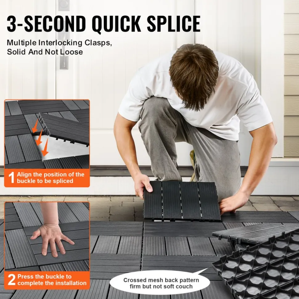VEVOR Interlocking Deck Tiles, 54 Pack,12"x12" 54 sq. ft Plastic Waterproof Outdoor Flooring All Weather Use, Patio Floor Decking Covering Tiles for Porch Poolside Balcony Backyard, Dark Grey