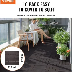 VEVOR Interlocking Deck Tiles Plastic Wood, 10 Pack,12"x12" 10 sq. ft Waterproof Outdoor Flooring All Weather Use, Patio Floor Decking Covering Tiles for Porch Poolside Balcony Backyard, Dark Brown
