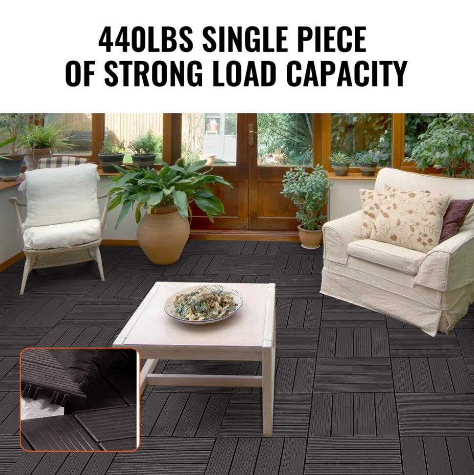 VEVOR Interlocking Deck Tiles, 10 Pack,12"x12" 10 sq. ft Plastic Waterproof Outdoor Flooring All Weather Use, Patio Floor Decking Covering Tiles for Porch Poolside Balcony Backyard, Dark Brown